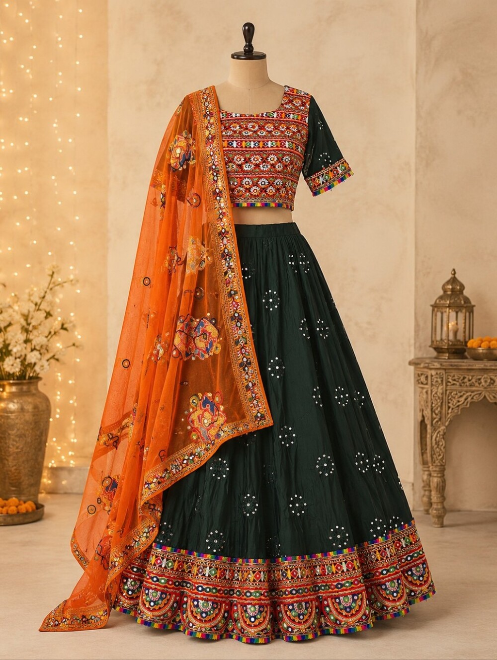 Mirror Work Green Orange Navratri Chaniya Choli Lehenga Set Size 12-14
